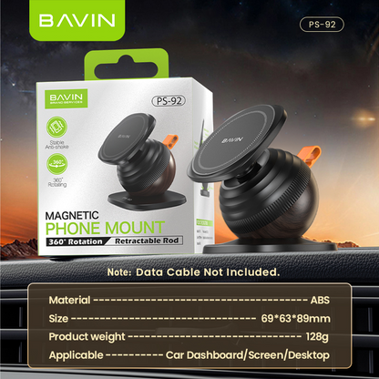 BAVIN PS92 2in1 360°Rotating Magnetic Phone Holder w/ Retractable Rod Adjustment, Strong Magnet & Silicone Cable Organizer