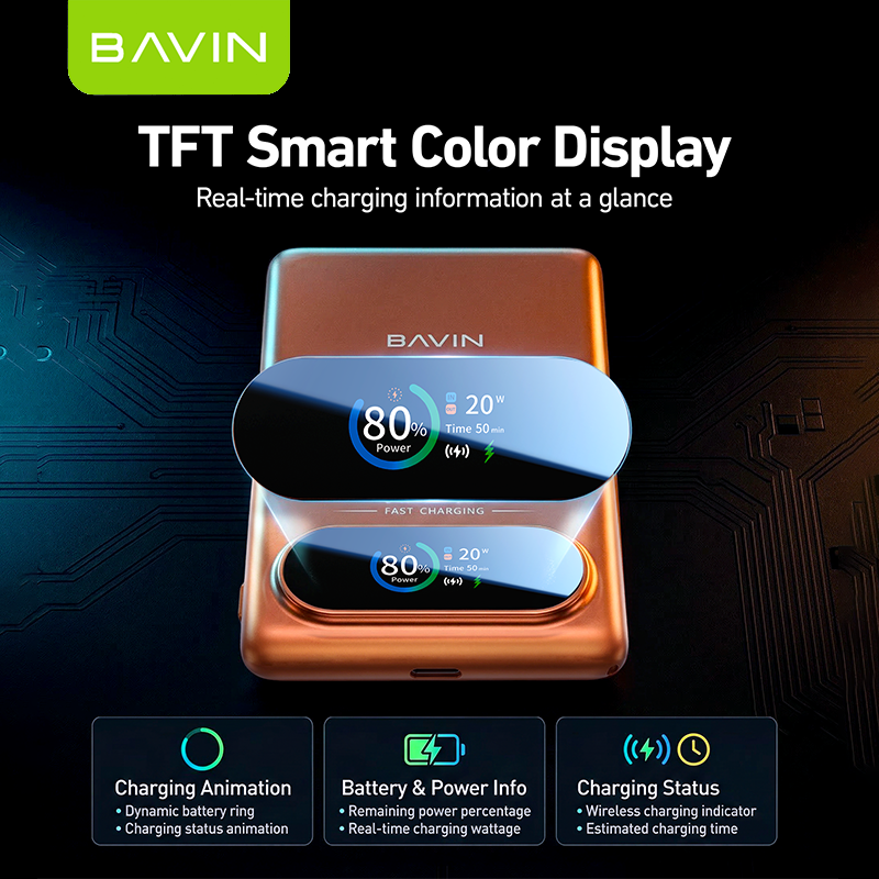 BAVIN PC1212 5000mAh 15W Fast Charging Magnetic Powerbank w/Smart TFT Display+Ultra Thin for iPhone 15-17