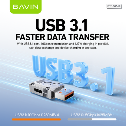 BAVIN O59 120W OTG Data Transfer & Fast Charging Adapter for USB to Type-C USB 3.1 & 10Gbps Speed