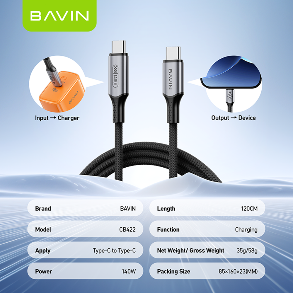 BAVIN CB422 140W PD 3.1 USB-C to USB-C Fast Charging Cable 1.2m Braided+PPS For Phone/Tablet/Laptop