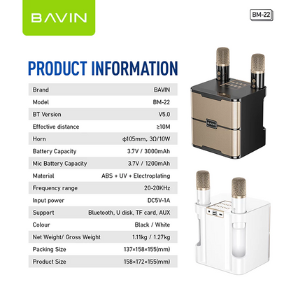 BAVIN BM22 Mini Amplifier Karaoke Bluetooth Wireless Speaker with Heavy Bass Sound Dual Mic