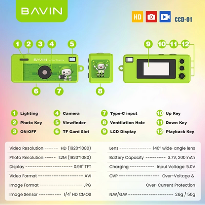 BAVIN CD01 Mini Thumb Camera 1080P HD 12MP Wide w/ Flash and Keychain | Support TF Card