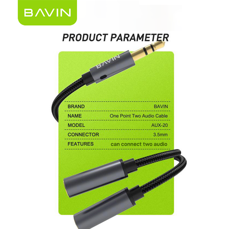 BAVIN AUX20 3.5mm Jack Audio Splitter 25cm Length Wire w/ 3.5mm Input & 2x 3.5mm Output