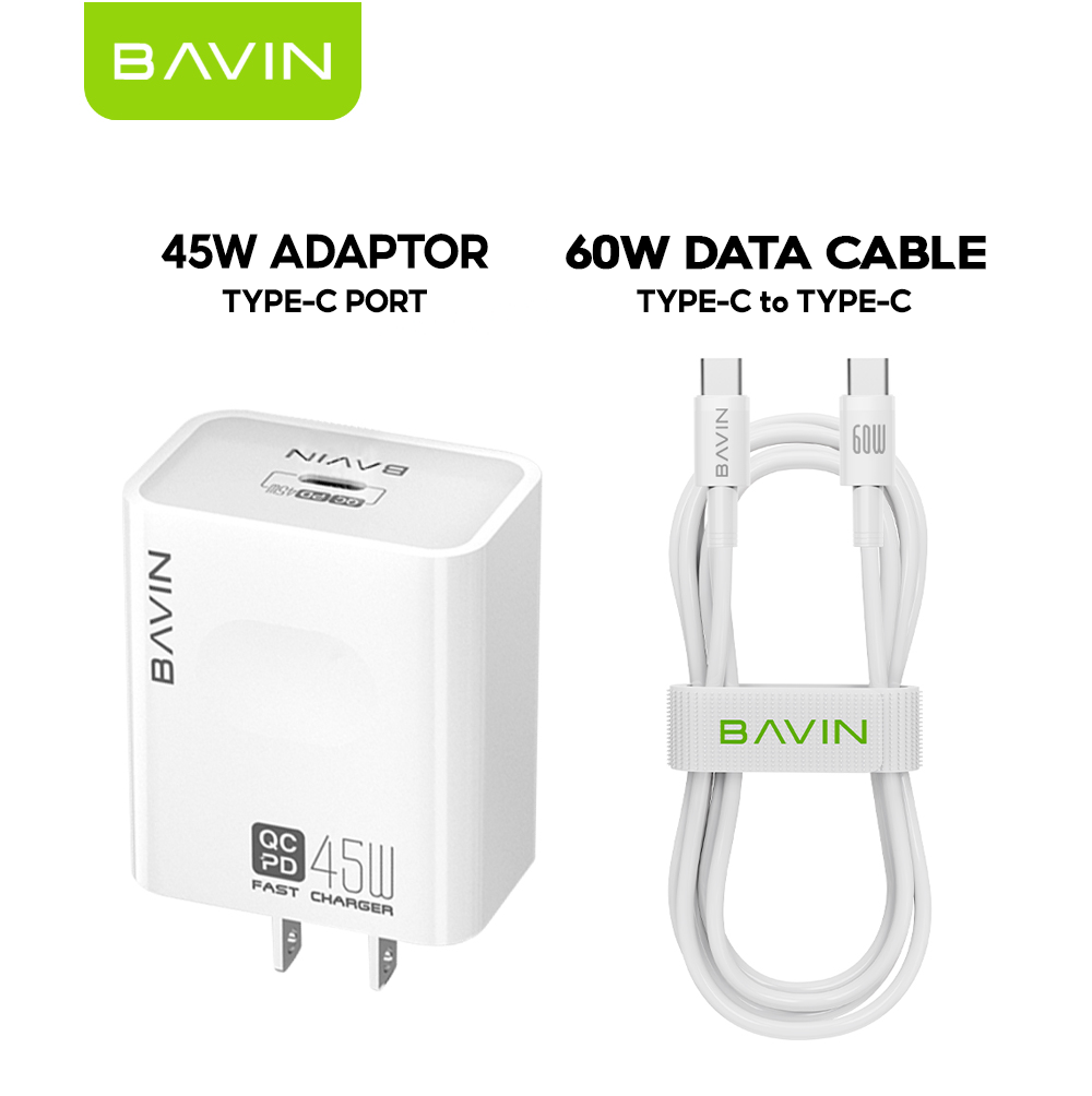 BAVIN PC800 45W PD Fast Charging Adapter Type-C Port Supports for iPhone 17 & Laptop w/ Date Cable