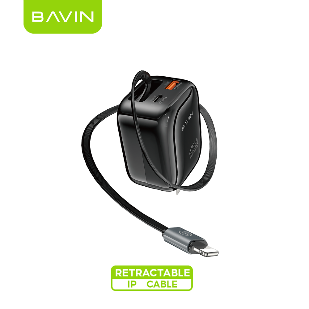 BAVIN PC2077 PD 45W QC 3.0 Portable Fast Charging Adapter w/ 70cm Retractable Cable + Foldable AC Plug for Laptop/Phones