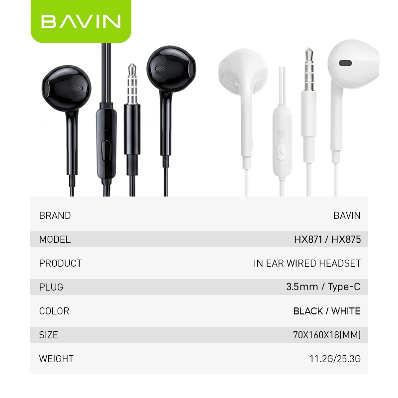 BAVIN HX871 / HX875 Hi-Fi Wired Earphone Stereo Sound Quality Music Compatible for 3.5mm / Type-C