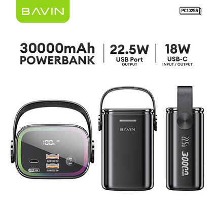BAVIN PC1022 PC1025S 30000mAh 22.5W 100W Max Fast Charging PD USB-C for Laptop Charging + Dual Output Port w/Flashlight
