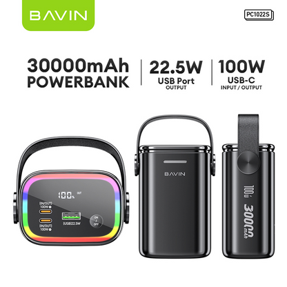 BAVIN PC1022 PC1025S 30000mAh 22.5W 100W Max Fast Charging PD USB-C for Laptop Charging + Dual Output Port w/Flashlight