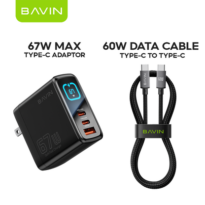 BAVIN PC2197 67W PD GaN Fast Charger w/ Smart LED Display + Foldable Plug + 3 USB Ports for Laptop, iPhone 17