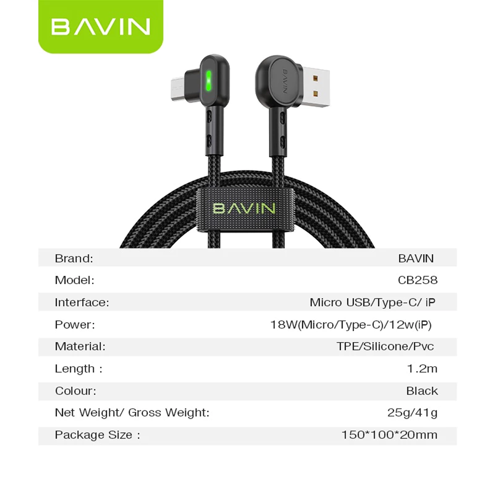 BAVIN CB258 30W PD Fast Charging LED Light Gaming Data Cable 90?Angle w/ 1.2 M Cable for iP & Android