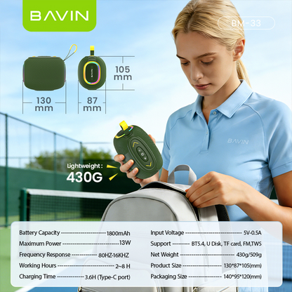 BAVIN BM33 TWS Portable Outdoor Wireless Bluetooth Speaker w/ RGB +13W Super Bass Sound Hi-Fi Stereo