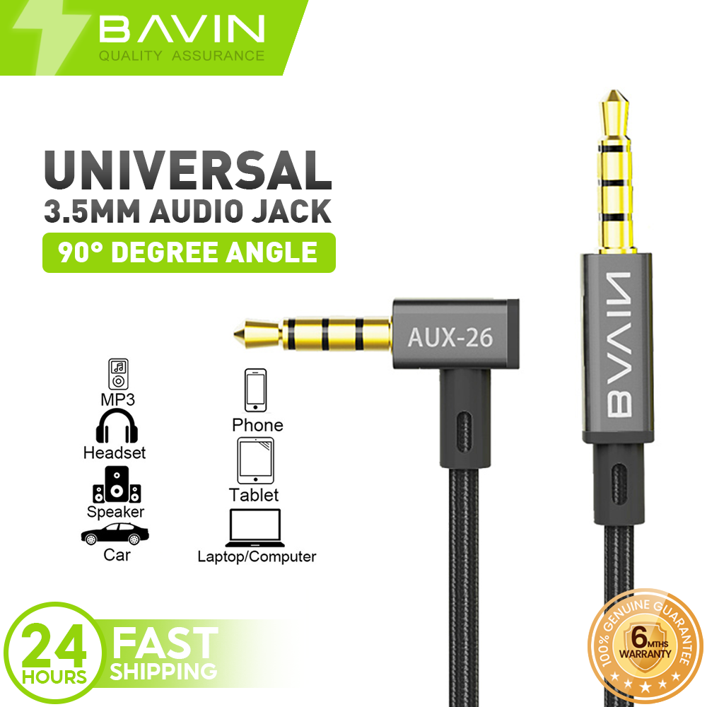 BAVIN H-3.5-AUX26 Universal 3.5mm Audio Jack Cable 1.2m Nylon Braided w/ 90° Angle for Speaker, TV, Computer & Phones