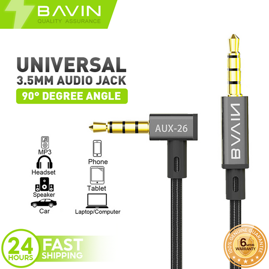 BAVIN H-3.5-AUX26 Universal 3.5mm Audio Jack Cable 1.2m Nylon Braided w/ 90° Angle for Speaker, TV, Computer & Phones