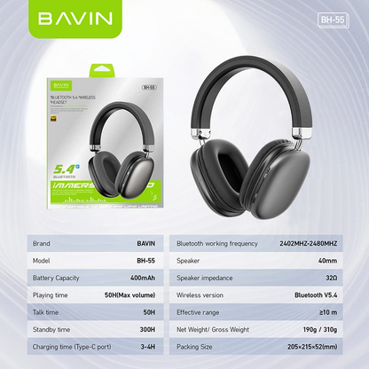 BAVIN BH55 Wireless 5.4 Bluetooth Earphone Headphone w/ High-Fidelity Audio Sound for SD Card & AUX