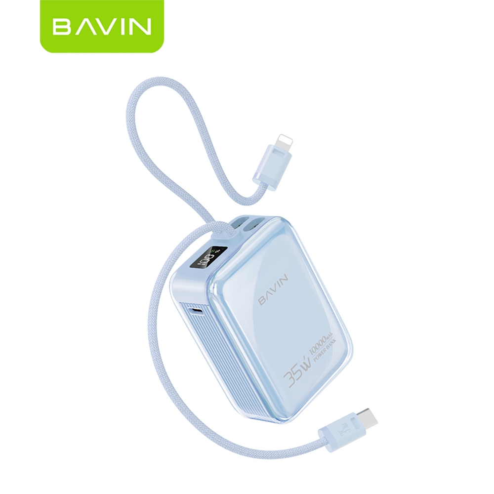 BAVIN PC1211S Portable 10000mAh 35W Fast Charging Powerbank Built-in Type-C & iPhone Cable｜LED Display