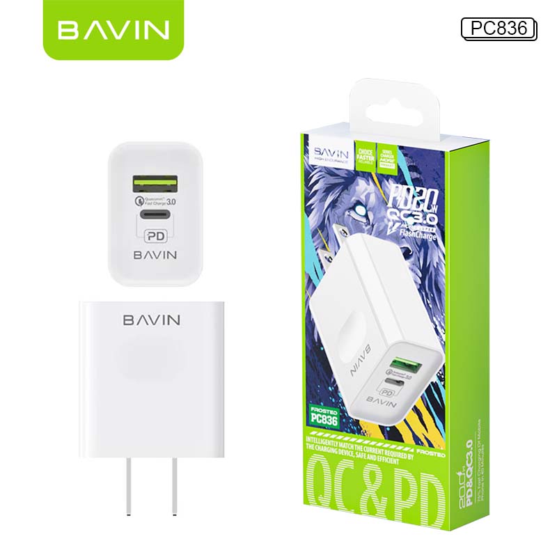 BAVIN C-PC836 20W PD Fast + Qualcomm3.0 Fast Charging Charger Adaptor Dual Port Suitable For iPh 16 Series