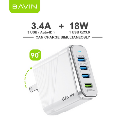 BAVIN C-PC522 18W QC 3.0 Fast Charging Multi-Port USB Wall Charger Adapter for iP & Android Devices