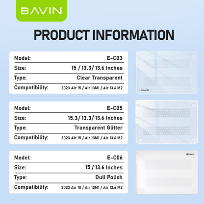 BAVIN C06 / C05 Transparent & Glossy Clear Case Anti-Scratch + Keyboard Protector For iPh Laptop for 13.3" / 13.6" / 15"