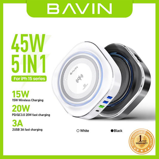 BAVIN PC832 45W PD 20W Fast Charging Powerbank 5 Output Ports Support 5 Device Charging Original Quality Brand Series And High Density Polymer High Voltage Accessory USB Phone Smartphone Chargeable