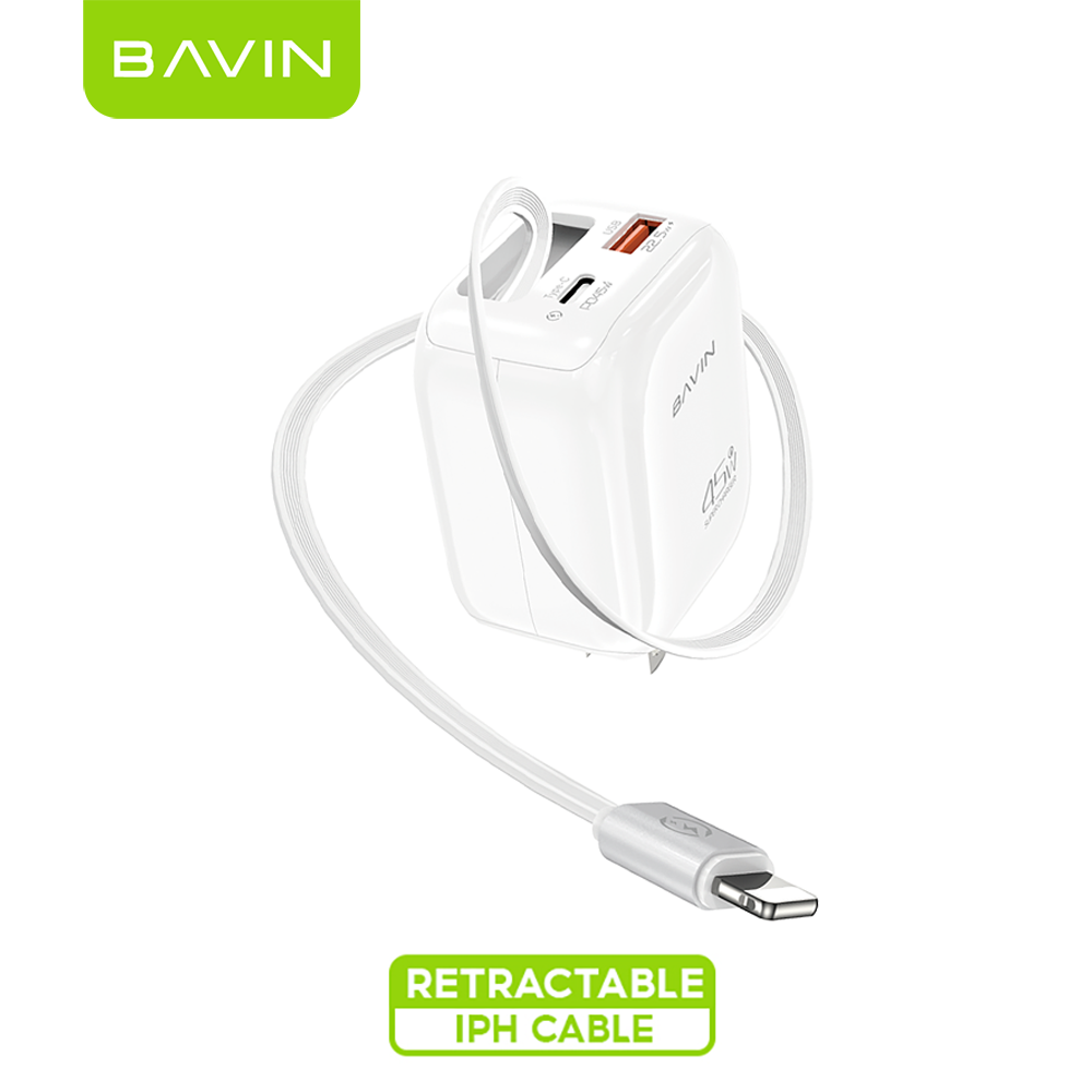 BAVIN PC2077 PD 45W QC3.0 Portable Fast Charging Adapter Charger w/ 70cm Retractable Cable + Foldable AC Plug