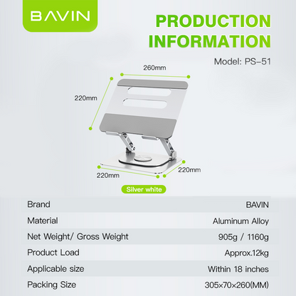 BAVIN D-S-PS51 Adjustable Aluminum Laptop (10-17") Stand w/ 360° Rotation
