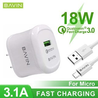 BAVIN C-PC331-XX Qualcomm 3.0 Fast Wall Charger w/ Charging Cable for Micro, Type-C & iPhone