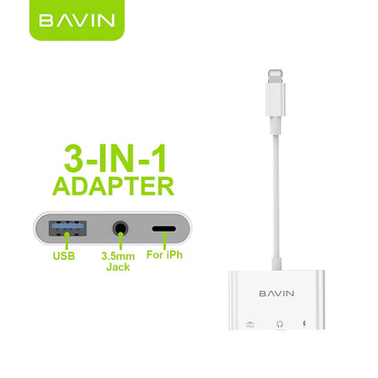 BAVIN O36 3in1 OTG Adapter USB 3.0 Camera Reader & 3.5mm Jack Data Sync Audio Cable Dongle for iPhone