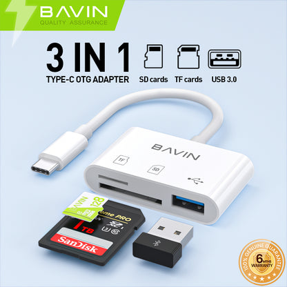 BAVIN U-O-29 3-in-1 OTG Card Reader Type-C to TF/SD + USB