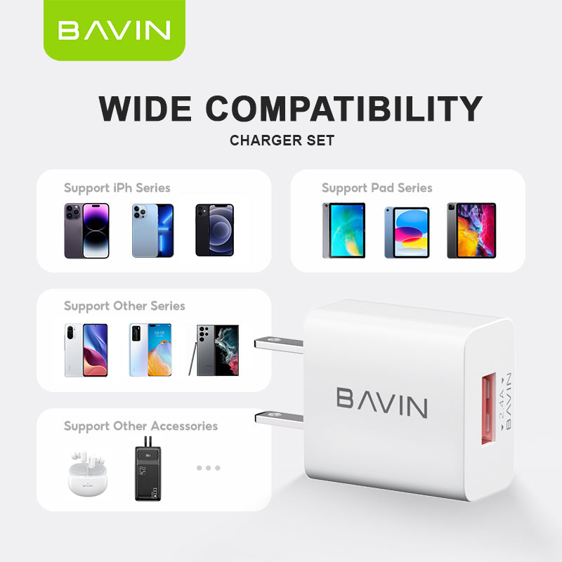 BAVIN PC516 2.4A Mini Wall Charger Universal Adapter w/ 1m Cable Suitable for iPhone, Android, Type-C