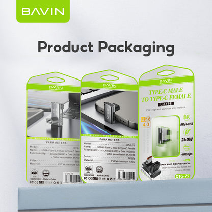 BAVIN O72 240W USB 4.0 Type C Adapter OTG 40Gbps Fast Data Transfer w/ 90° Degree Angled Connector