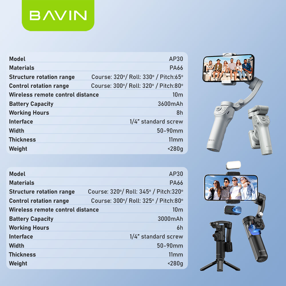 BAVIN P30/P31 Foldable Phone 3-Axis Gimbal Stabilizer w/Tripod/Fill Light/AI Smart Face Tracking