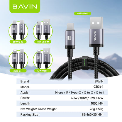 BAVIN CB364 60W PD Fast Charging Aluminum Alloy Data Cable w/ 1 Meter for Type-C / Micro / iPhone 17