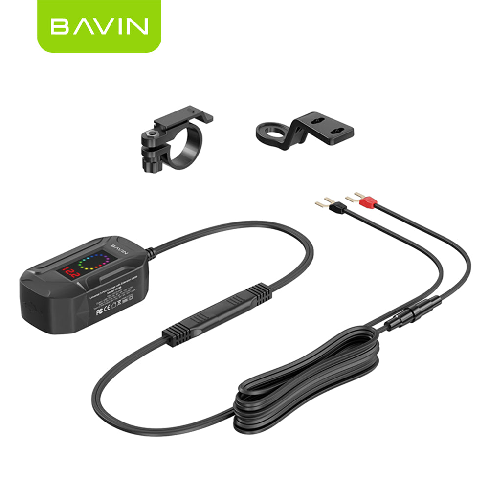 BAVIN PS98 30W Fast Charger for Motorcycles w/ Built-In Retractable Type-C Cable & USB + Type-C Port