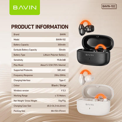 BAVIN BA102 TWS Hi-Fi Wireless Bluetooth Clip Earbuds w/ LED Light & AI Smart QR Code