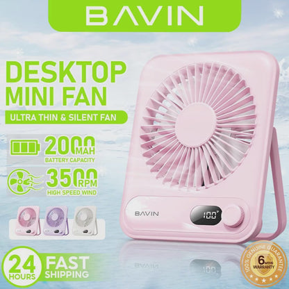 BAVIN BF-006 Ultra-Thin Portable Mini Desktop & Personal Fan Rechargeable w/ 4-Speeds Strong Wind
