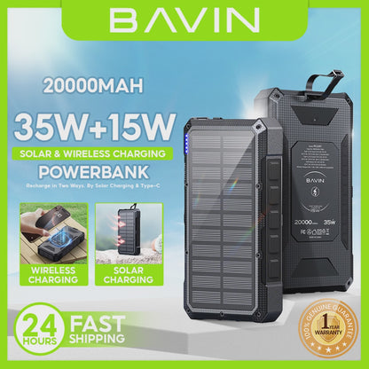 BAVIN Y-PC1197 20000mAh Solar Powerbank w/ 35W Type-C Fast Charging & 15W Wireless Charging w/ LED Flashlight & 3 Outputs