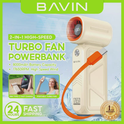 BAVIN BF-015 2-in-1 Handheld Mini Turbo Fan 17650RPM Rechargeable & 8000mAh Powerbank w/ 5-Speed Adjustable, LED Display