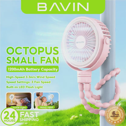 BAVIN BF012 1200mAh Portable Clip-on Stroller Octopus Fan w/ LED Light / 3-Speed Wind / 360° Rotation & Rechargeable Fan