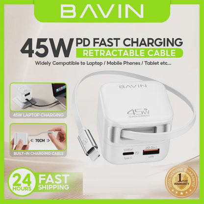 BAVIN C-PC2073 45W PD Fast Charger w/ Built-in Retractable Type-C & iPh Cable, Compatible w/ Smartphone / Laptop & Tablets