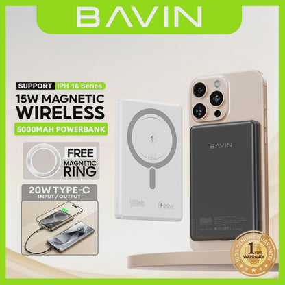 BAVIN Y-PC1133 5000mAh Ultra Thin Magnetic Wireless Powerbank w/ 20W Fast Charging Type-C In / Output for Smartphones