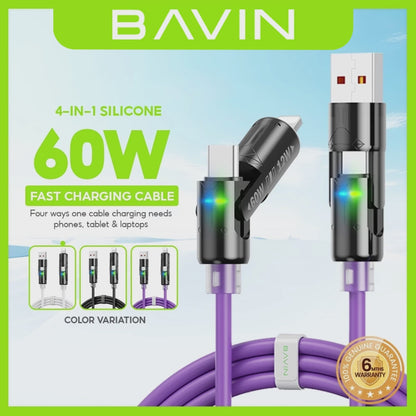 BAVIN U-CB394 60W 4-in-1 Silicone Fast Charging Cable w/ RGB Light Type-C & iPhone for Laptop, Tablet & Phones