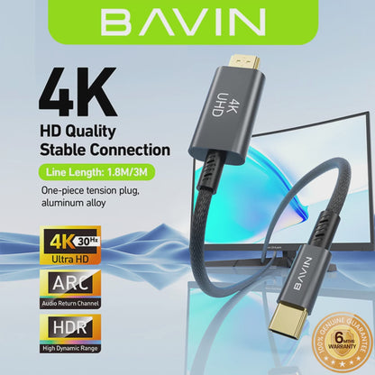 BAVIN U-HD-26-XX 4K USB-C to HDMI High-Speed Adapter Cable Plug & Play Converter