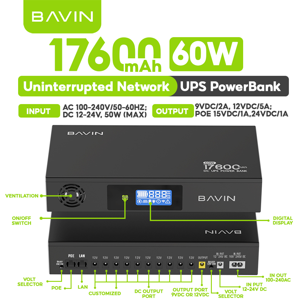BAVIN PC1229 60W 17600mAh/120W 20800mAh DC UPS Powerbank Uninterrupted Backup Emergency Power Supply