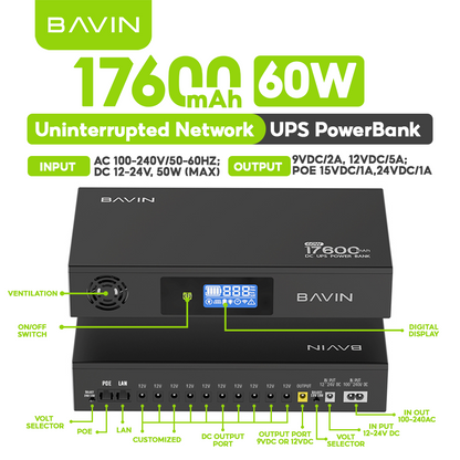 BAVIN PC1229 60W 17600mAh/120W 20800mAh DC UPS Powerbank Uninterrupted Backup Emergency Power Supply