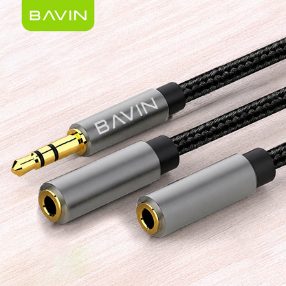 BAVIN AUX20 3.5mm Jack Audio Splitter 25cm Length Wire w/ 3.5mm Input & 2x 3.5mm Output