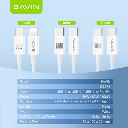 BAVIN U-CB274-XX 100W Data Cable Fast Charging & Data Transfer Type-C to iPh & Type-C to Type-C